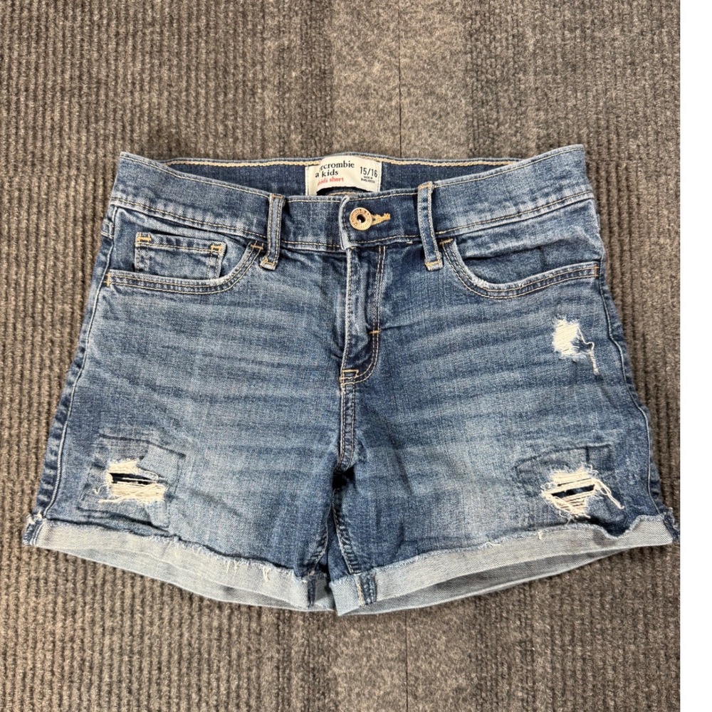 Abercrombie Kids Midi Denim Shorts Girls 15/16 Blue Distressed Cuffed Med Wash
